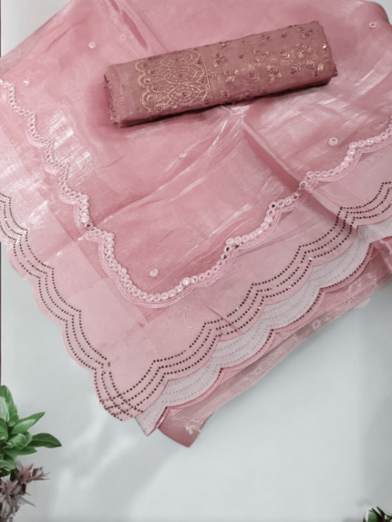 Foil pattern saree with crystal Accents Pink