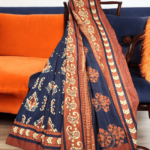 Printed Saree Navy blue with  Brownish Red