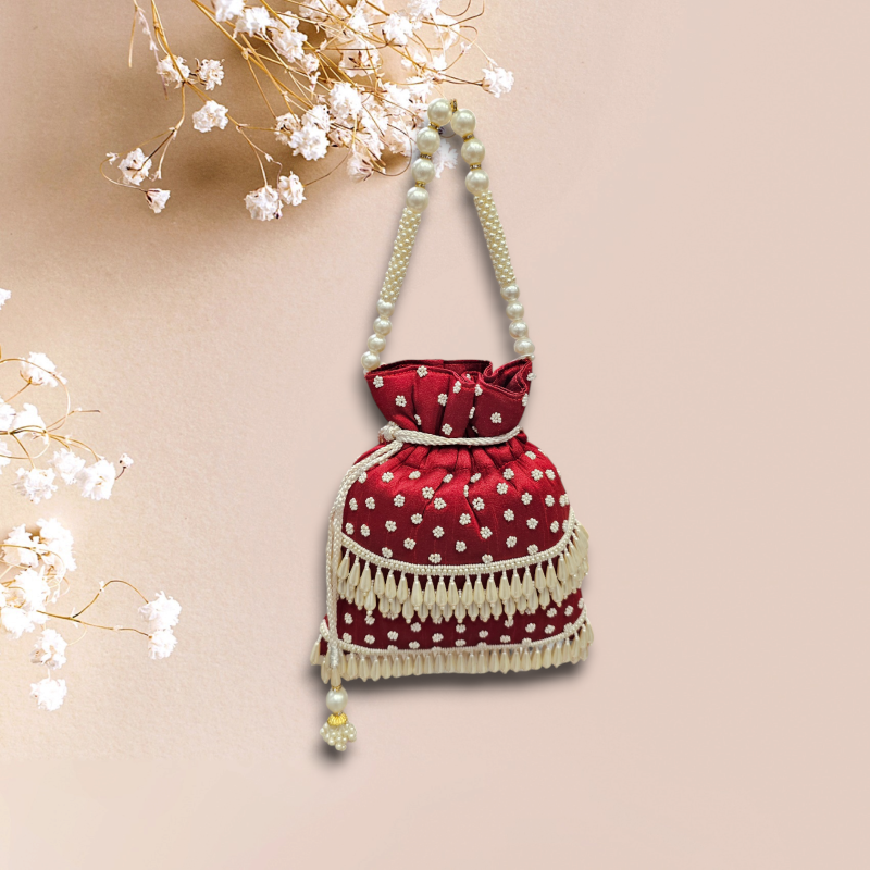 8_BAG129 Charming Small Pearl & Hanging Flower Bag With Maroon Color - Image 1