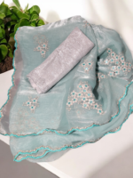 Glossy tissue with embroidery work Aqua Green