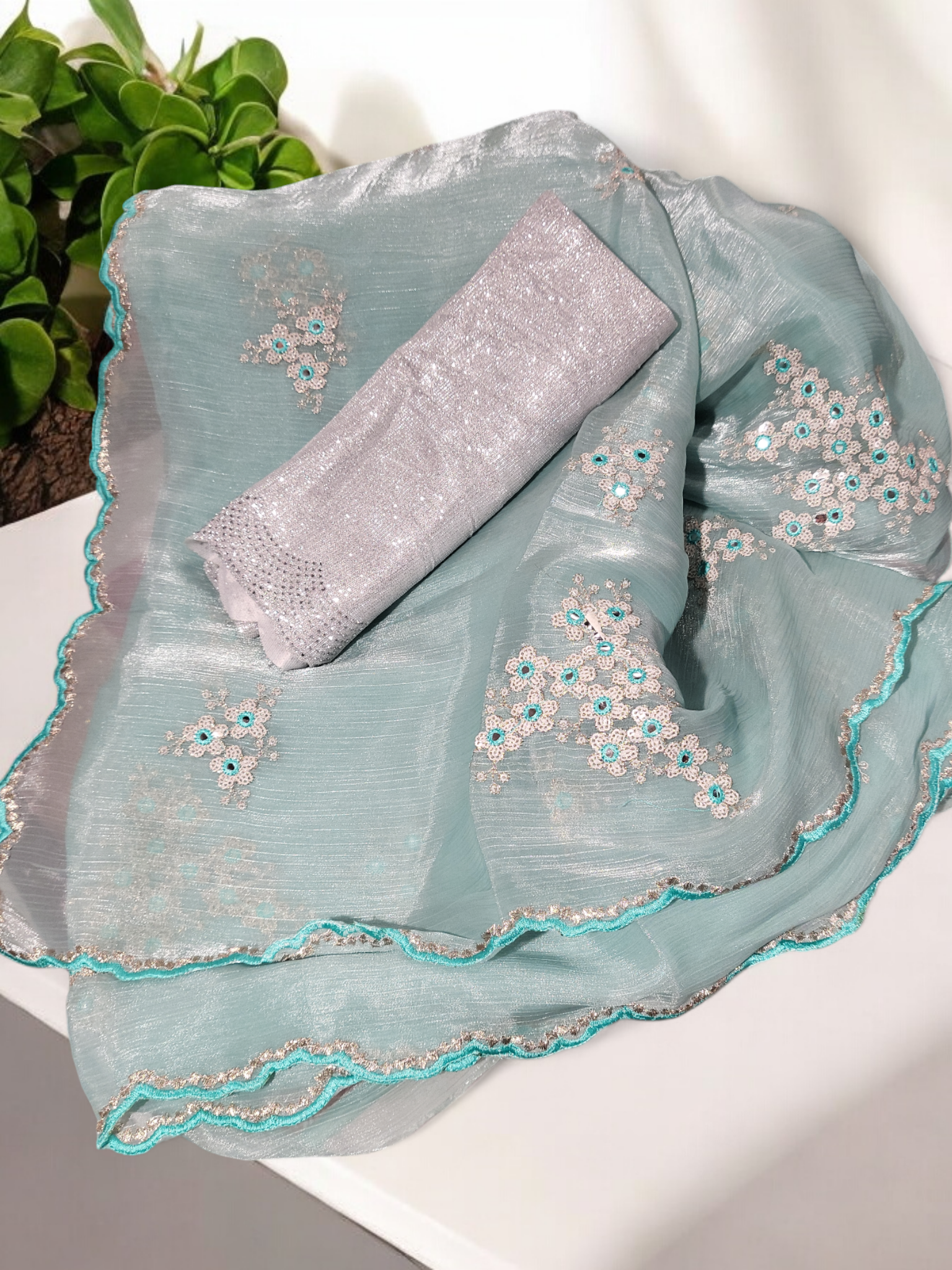 2_102606_A (1) Glossy tissue with embroidery work Aqua Green - Image 1