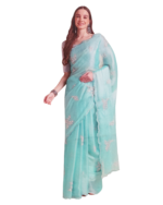 Glossy tissue with embroidery work Aqua Green - Image 2
