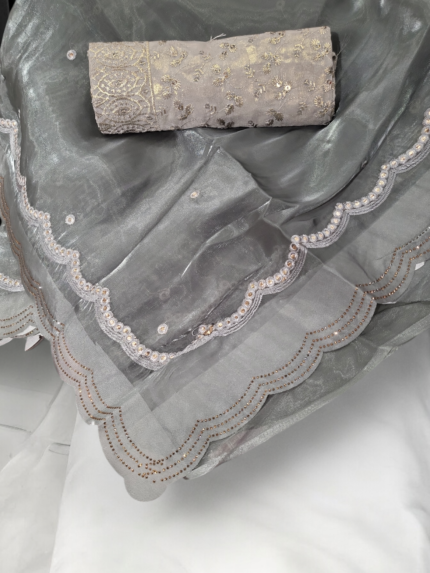 Foil pattern saree with crystal Accents Gray