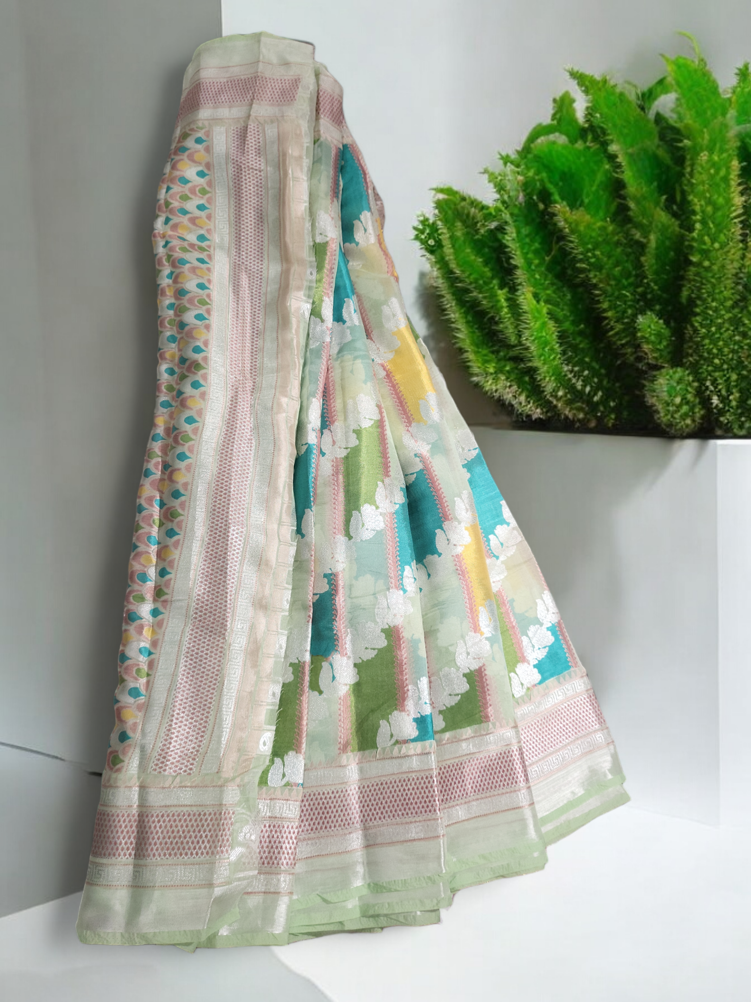 3_102526_A Tissue with silver jari work Green with Pista - Image 1