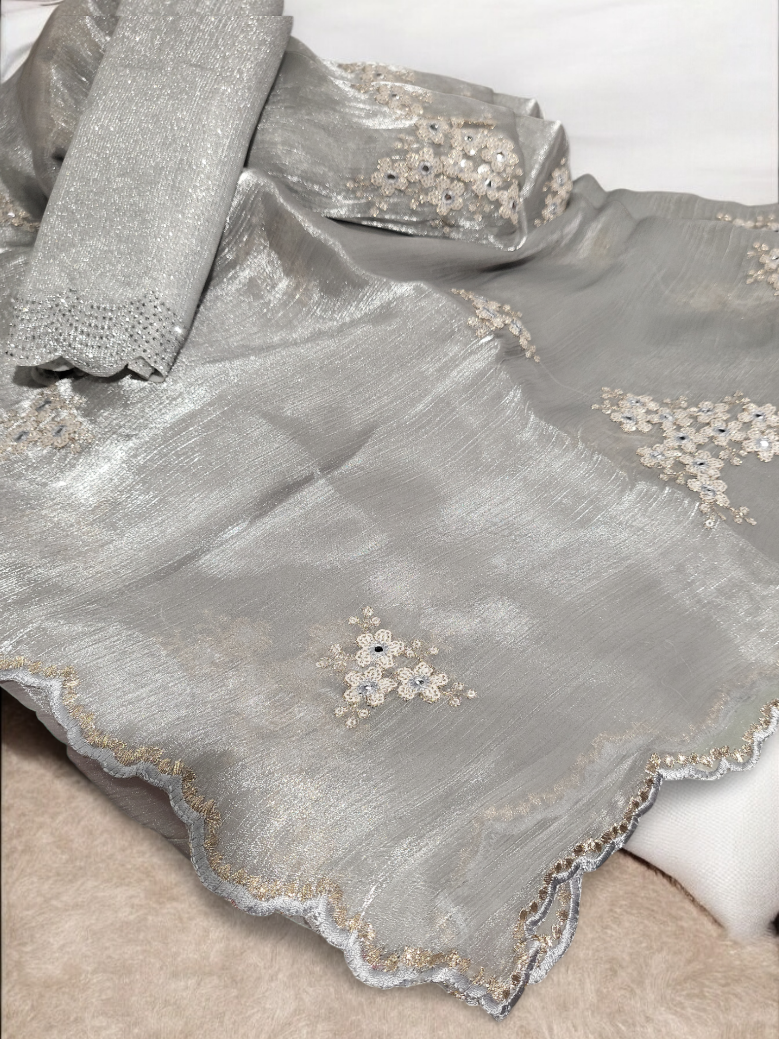 3_102606_A (1) Glossy tissue with embroidery work Gray - Image 1