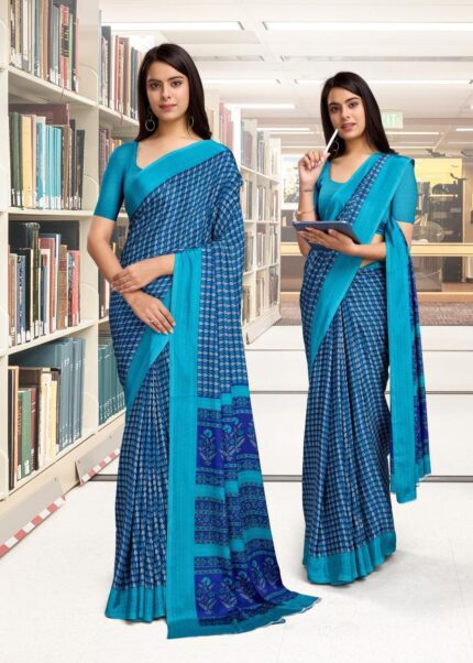 Teal With Royal Blue Printed Saree