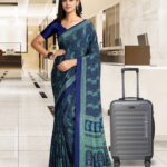 Navy Blue With Green Printed Saree