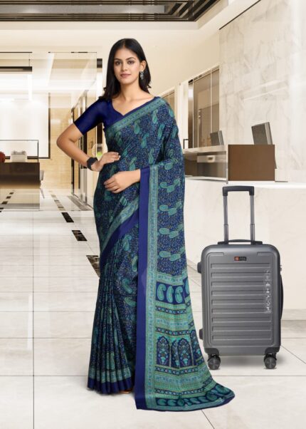 Navy Blue With Green Printed Saree