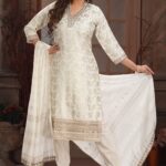White Golden Straight Cut Kameez