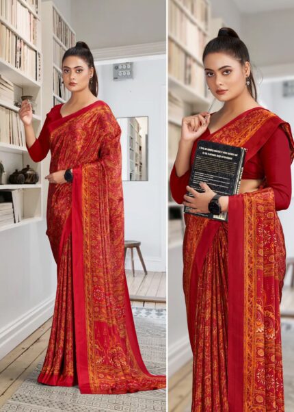 Red With Mustard Printed Saree