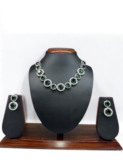 Silver & Green A.D Necklace Set