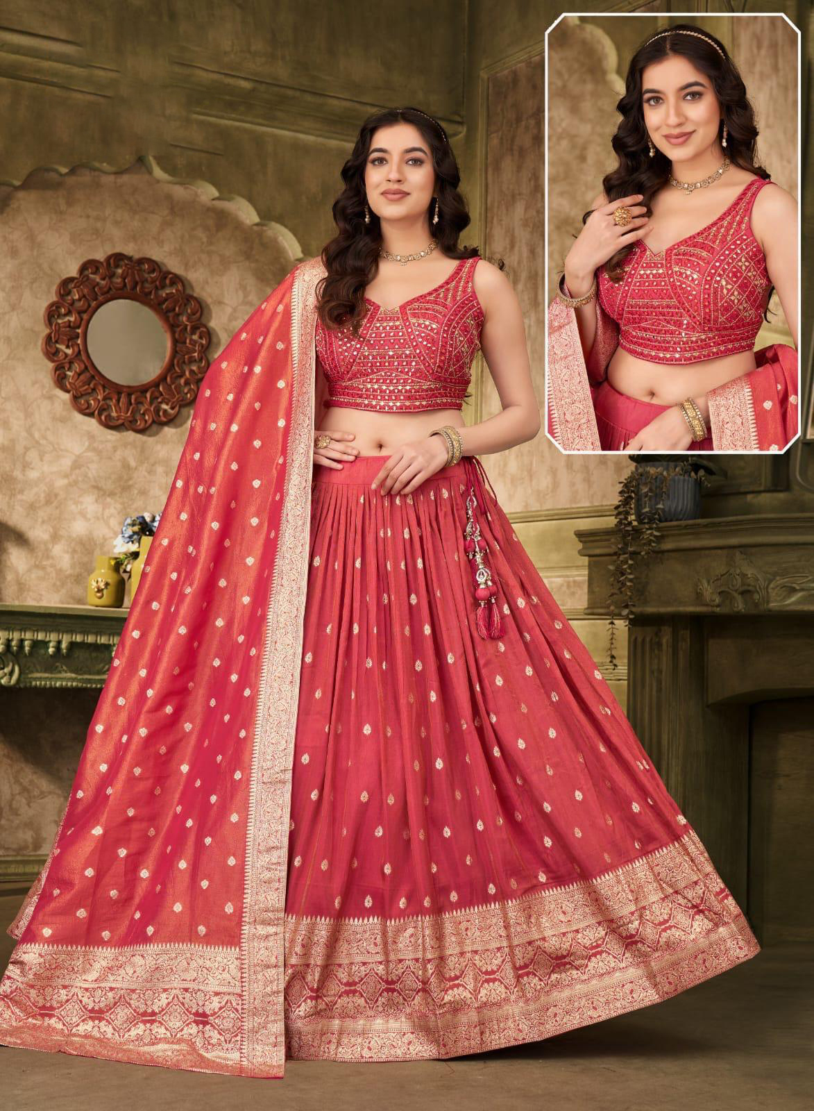 205506-1 Pink Brocade Design Lehenga - Image 1