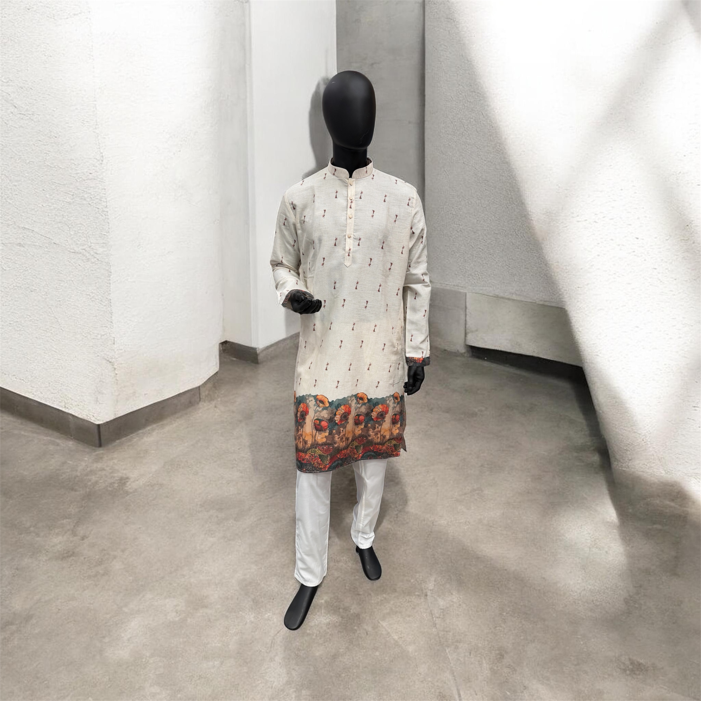 81417-1 Beige Men's Kurta with print - Image 1